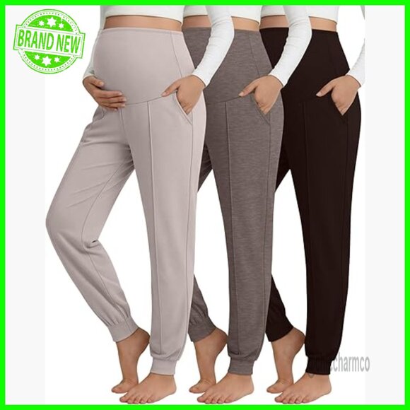 Pants - Maternity Joggers 3 Pack Over Belly Stretchy Lounge Sweatpants with Pockets